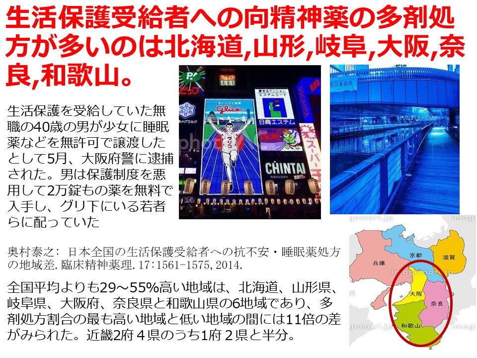 生活保護受給者への向精神薬の多剤処方が多いのは北海道,山形,岐阜,大阪,奈良,和歌山。